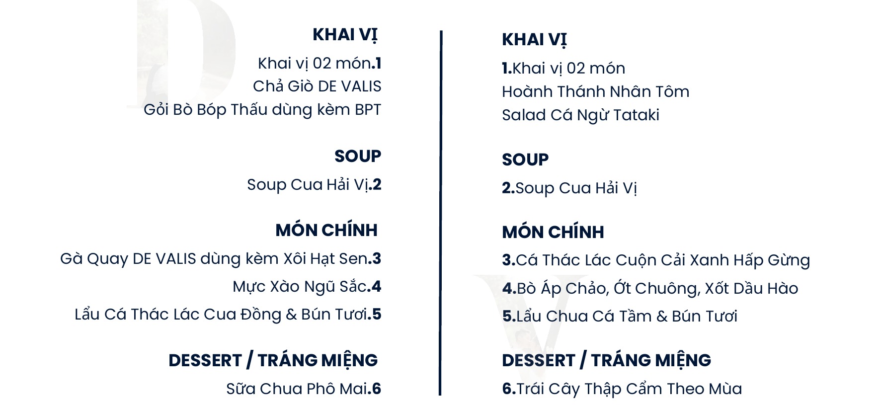 Set Menu Tinh Gọn — De Valis
